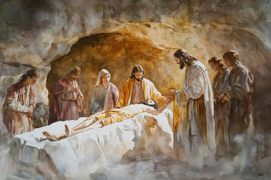 A dramatic watercolor of Jesus raising Lazarus from the dead. The illustration uses earthy browns, soft whites, and radiant gold to highlight the miracle&acirc;&euro;&trade;s divine power.