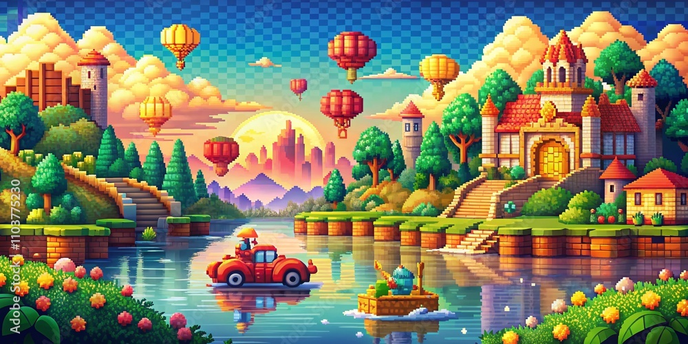 Poster retro video game graphics in long exposure style with pixel art aesthetic, capturing the nostalgic v