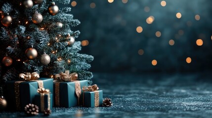 Luxury christmas background with christmas tree with gift boxes, ads banner, luxury christmas greeting card.