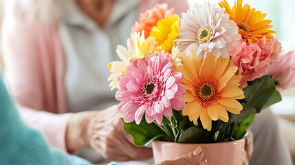 caregiver assisting senior in arranging colorful flowers in vase, showcasing warm and caring interaction