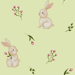 Cute Cartoon Rabbit and Blossom Design – Colorful Spring Pattern for Greeting Cards and Fabric