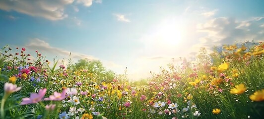 Fototapeta premium Wildflower meadow in full bloom under a bright sunny sky
