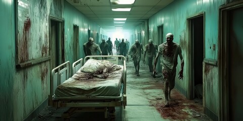 Horror scene of a hospital, with a hospital bed, zombies down the entire hallway, dilapidated looking hallway