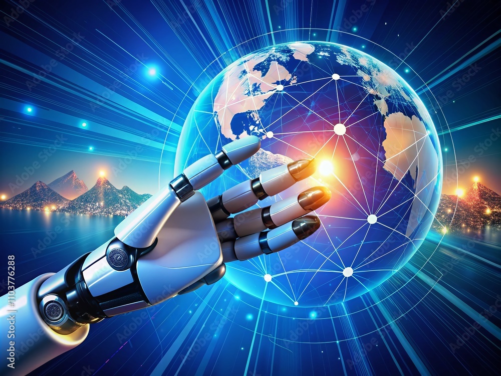Aufkleber robot hand leading the global business community in digital communication with abstract blue backgro