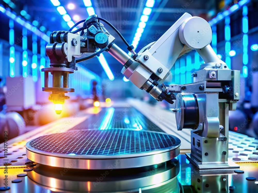Poster robotic arm handling silicon wafers in advanced semiconductor manufacturing line with bokeh effect f