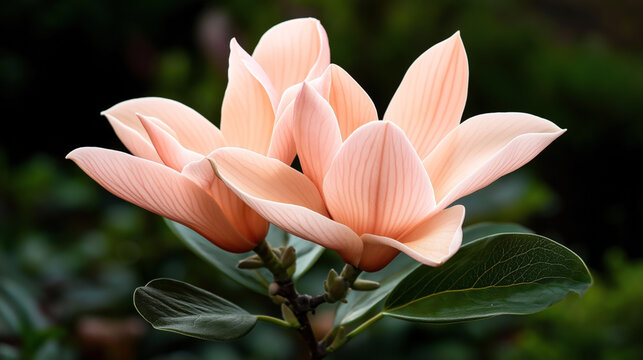 Close-up of pale pink magnolia flowers in full bloom with blurred dark green foliage background creating a vibrant contrast in a natural outdoor setting.