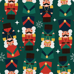 Seamless pattern with vintage nutcrackers. Old fashioned Russian nutcracker Christmas toy. Hand drawn vector illustration