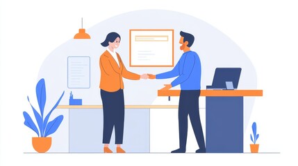 Business professionals shaking hands in a modern office environment, symbolizing partnership, teamwork, collaboration, and success in the corporate world