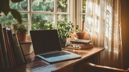 Sunlit Workspace Illustration: Laptop, Books, Plants, and Window View