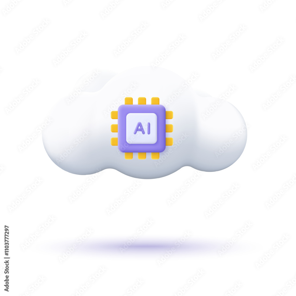 Leinwandbilder 3D cloud with AI chip processor. 3D design of Artificial intelligence and data concept. Computing and data center, smart algorithm system. Vector illustration.