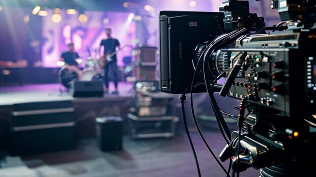 Camera Capturing Live Music Performance on Stage Band, Equipment, Lighting, and Sound Create Energetic Atmosphere for Unforgettable Concert Experience.