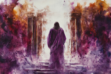Fototapeta premium A powerful watercolor of Jesus standing in front of a temple, cleansing it. The scene uses dark browns, purples, and bright whites to represent cleansing, strength, and justice.