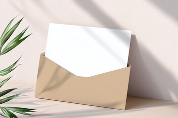 A minimalist envelope holds a blank card, set against a soft, neutral background with a hint of greenery, evoking a sense of calm and creativity.