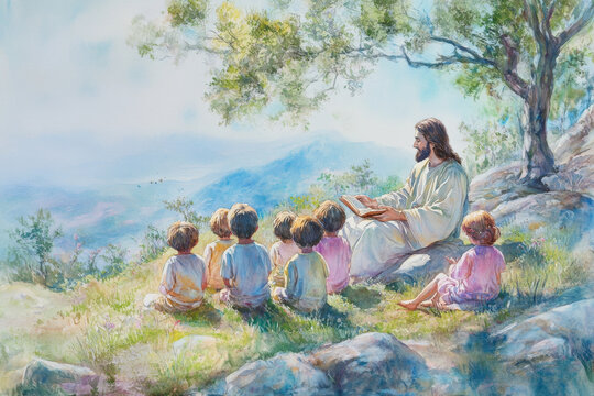 Jesus sitting on a hilltop surrounded by children, teaching them parables. The watercolor uses soft pastel colors like light blue, pink, and green to evoke innocence and joy.