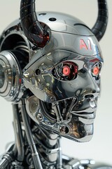 Fototapeta premium Robot devil with the inscription AI on his head. Fiery and fierce, the Robot devil's AI inscription hints at a world where technology dances with the dark side of innovation.