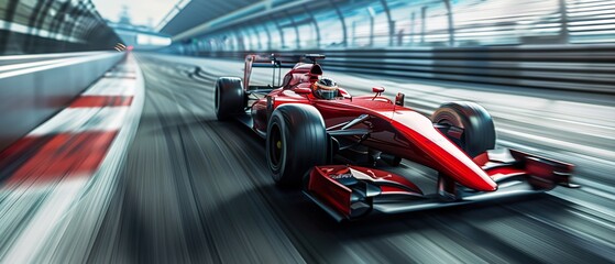 Naklejka premium Dynamic Shot of Race Car Speeding on Track: Perfect for Automotive, Sports, and Ad Designs