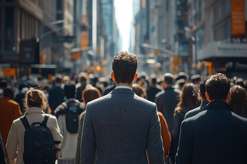 Back View Anonymous Man in Business Attire Walking New York City Crowd