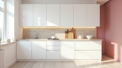 Modern Minimalist Kitchen Design With Pink Wall