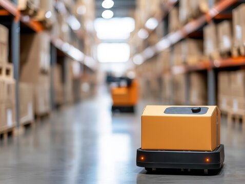 Automated guided vehicles AGVs moving stock in a food warehouse, improving logistics efficiency, AGV logistics, Modern, automated, efficient