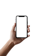 Mobile smart cell phone screen mockup, Transparent background . smartphone display mock up template in hand with finger thumb tapping isolated on white background	
