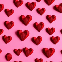 Seamless pattern with dark red polygonal paper heart on pink background wallpaper for valentines day love concept bright colors minimal style polygonal wallpaper concept digital design 