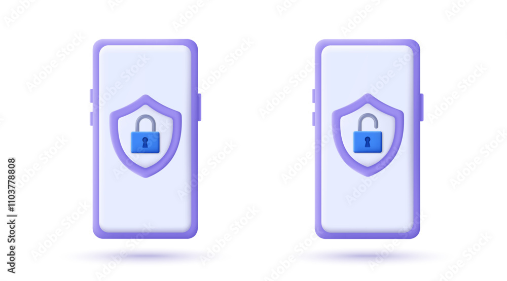 Aufkleber 3D smartphone with security shield symbol. 3D design of cyber security and data protection concept. Secure technology. Vector illustration.