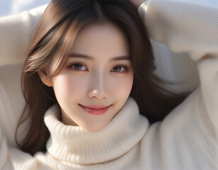 Beauty portrait of a beautiful young smiling woman in a turtleneck sweater. Beautiful bare face, winter image.タートルネックのセーターを着た美しい若い笑顔の女性の美容ポートレート。美しい素顔、冬のイメージ。