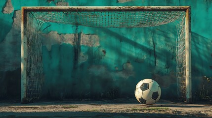 A weathered soccer goal stands against a teal wall, a lone ball resting in front.  A scene of quiet determination.