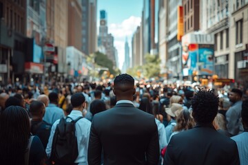 Obraz premium Back view businessman, NYC city center sunlight, busy crowd blur