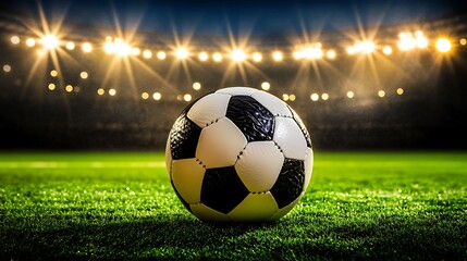 Fototapeta premium Soccer ball on a green field at night under stadium lights.