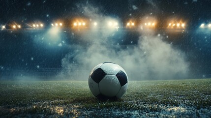 Naklejka premium Soccer ball on a rain-soaked field at night under stadium lights.