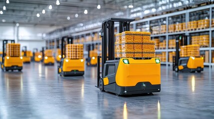 Automated forklifts in a food warehouse, transporting stock and integrating with logistics systems, Automated forklift logistics, Efficient, modern, automated