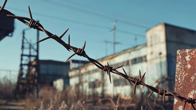 Abandoned Industrial Building with Barbed Wire in Foreground