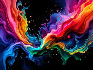 Fototapeta premium Dynamic, colorful liquid forms arranged on a black backdrop following the rule of thirds.