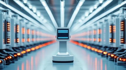 Naklejka premium Smart warehouse with integrated robotics and AI optimizing stock handling and logistics throughput, Smart robotic logistics, Innovative, efficient, scalable