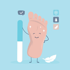 Funny foot mascot in nail studio. Beauty salon, Pedicure, care for feet. Cute footprint character with nail file, delicate care for foot. Cosmetology procedure and service