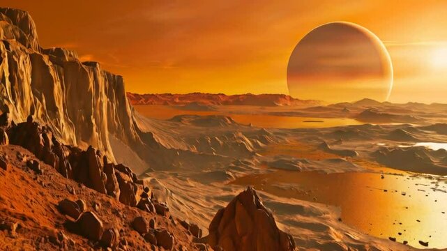 A high-definition view of the surface of Saturn&rsquo;s moon Titan, with an orange sky, methane lakes, and distant mountains, as a small robotic probe lands and begins sending data