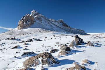 Snow-covered mountain peak with rocky terrain under a clear sky
