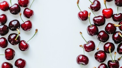 Fresh red cherries frame on white.