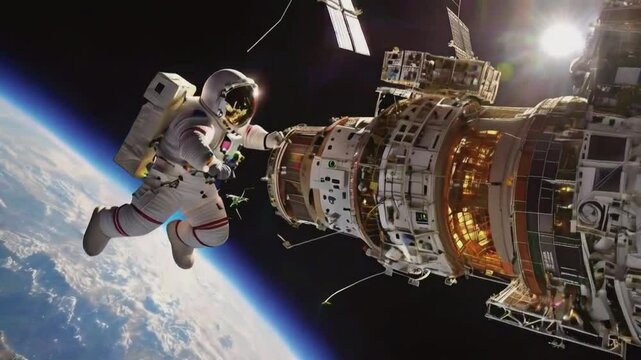 A time-lapse video showing the construction of a space station in low Earth orbit, with various modules being assembled and astronauts working in space suits