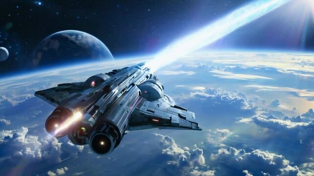 A spaceship leaving the atmosphere of Earth, with the planet gradually shrinking as it moves through the clouds and enters the vastness of space, leaving a trail of light in its wake