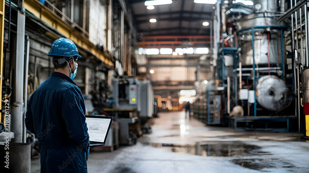 Poster industrial worker reviews data in factory setting