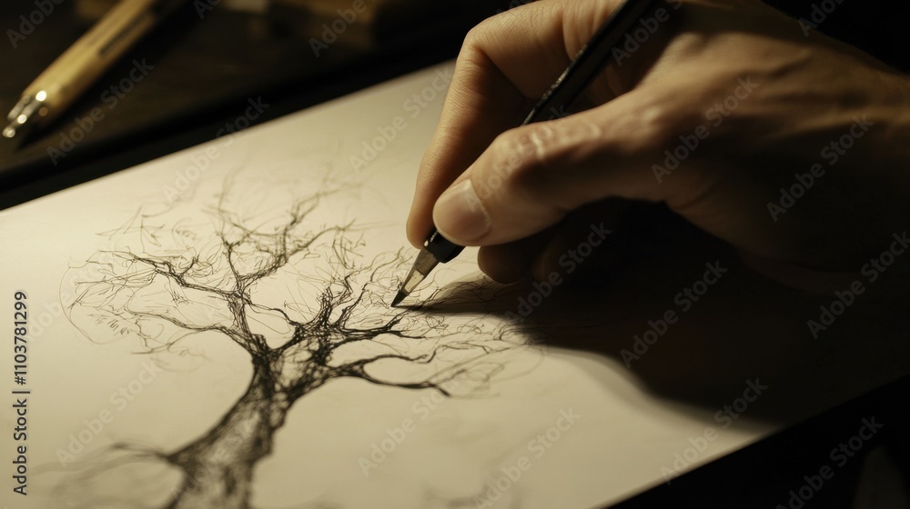 Poster close-up of an architect sketching a detailed abstract tree blueprint, showcasing creativity and pre