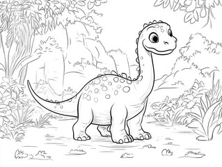 A cute dinosaur stands in a lush, prehistoric landscape, ready to be colored. It's a playful design ideal for kids' creativity.