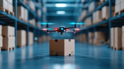 AI-guided drones delivering packages in a forest-integrated warehouse