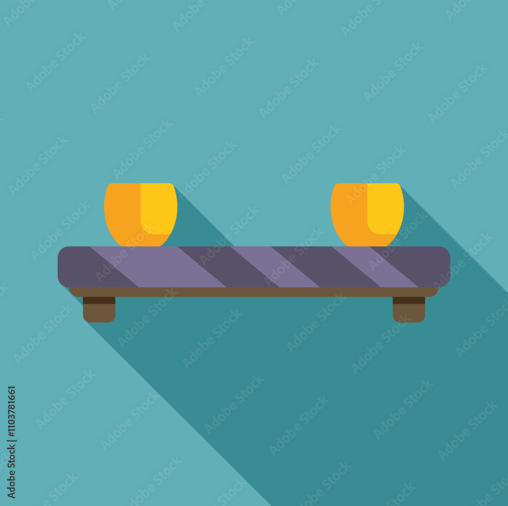 Poster two orange round objects are placed on a floating shelf, casting a long shadow against a teal backgr