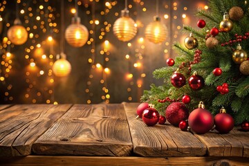 Rustic Wooden Table in Front of a Decorated Christmas Tree with Red and Gold Ornaments Surrounded by Soft Holiday Bokeh Lights for Seasonal Product Displays