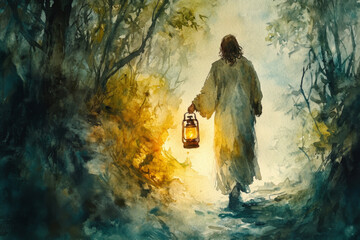 Jesus holding a lantern, walking down a dark path, illuminating the way for his followers. The watercolor uses warm, golden tones to depict guidance, hope, and divine light in darkness.