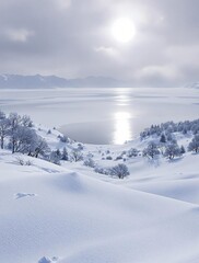 Obraz premium A peaceful winter landscape with snow-covered hills and a frozen lake in the distance, serene scenery, , frosty mornings, frozen lakes, cold weather