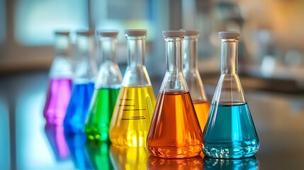 Colorful liquids in Erlenmeyer flasks in a lab setting.